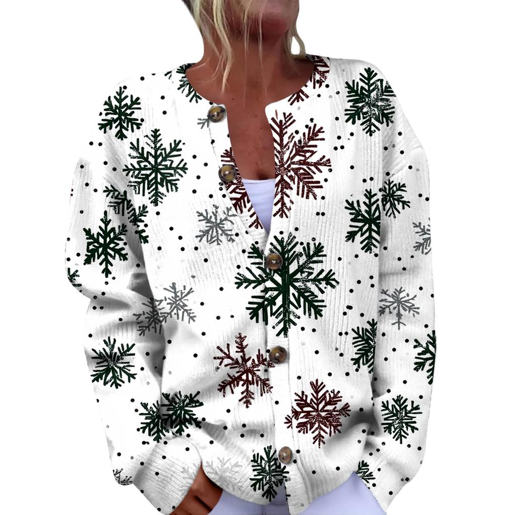 Women's Fashion Christmas Printed Long Sleeve Knitted Cardigan Button Down Jacket