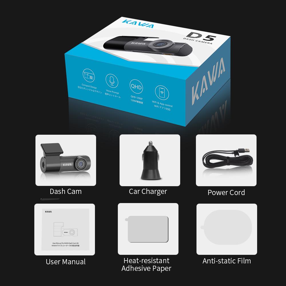 KAWA Dashcam Vorne 1296P, Sprachsteuerung, WiFi Dashcam mit WDR Nachtsicht, 360° drehbarer Körper, 145° Weitwinkel, G-Sensor, D5