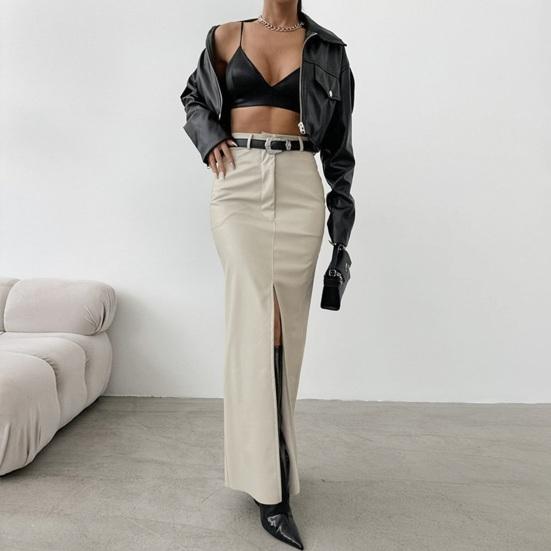 Faux Leather Maxi Skirt Solid Color High Waist Slit Hem Maxi Skirt Windproof Velvet Lining Straight Fit Long Skirt