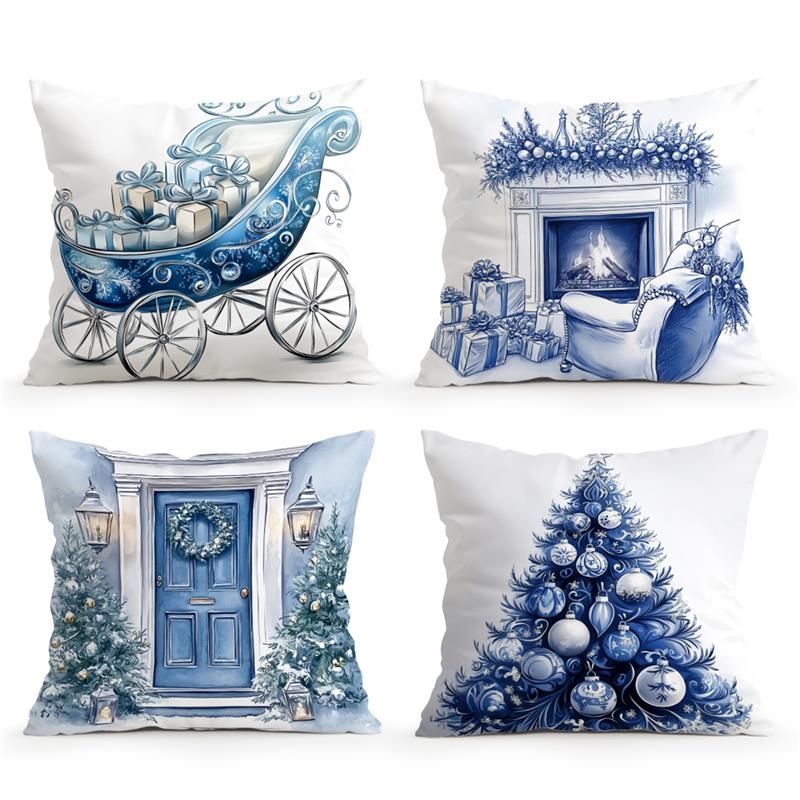 Blue Christmas Decor Cushion Pillowcase Printed Polyester 45X45Cm Throw Pillowcover Decorative Sofa Cushion Pillowslip Decor