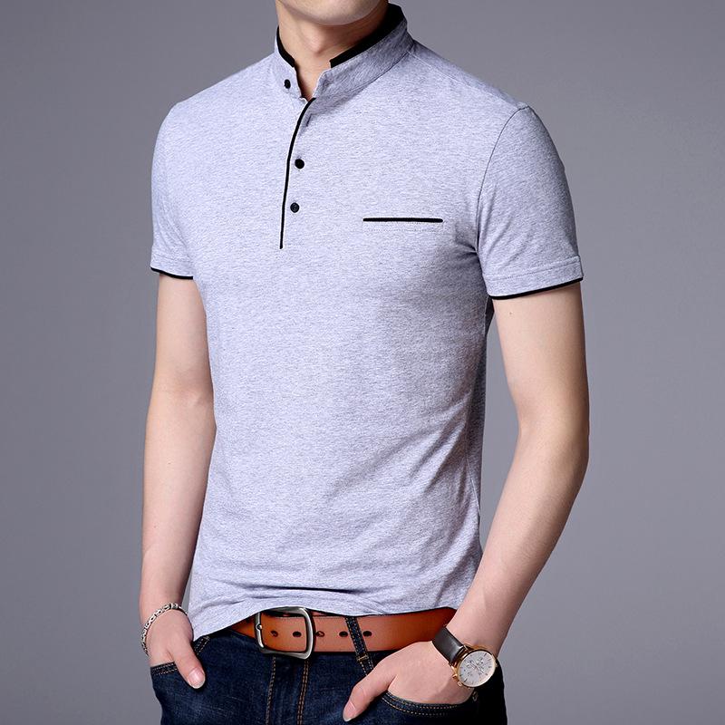 Men's Casual and Fashionable Solid Color Short Sleeved Stand Up Collar T-shirt Summer Versatile and Comfortable Top