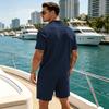 Men's Summer Beach Outfits 2 Pcs Jacquard Knit Lounge Short Sleeve Shirts and Shorts Vacation Texture Sets