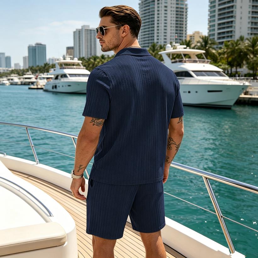 Men's Summer Beach Outfits 2 Pcs Jacquard Knit Lounge Short Sleeve Shirts and Shorts Vacation Texture Sets