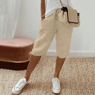 Women Shorts Elastic Mid-Waist Adjustable Drawstring Yoga Running Shorts with Pockets Solid Color Loose Fit Knee Length Pants
