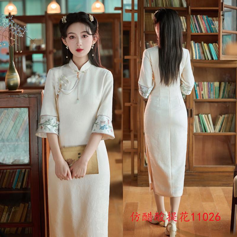 Fashion improvement New Chinese long inverted large-sleeved girl cheongsam Summer new daily literary and elegant cheongsam