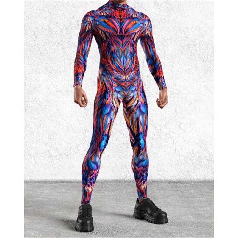 Men Sexy Colorful Print Jumpsuit Punk Morphsuit Halloween Robot Cosplay Zentai Suit Holiday Party Bodysuit Rave Cycling Catsuits