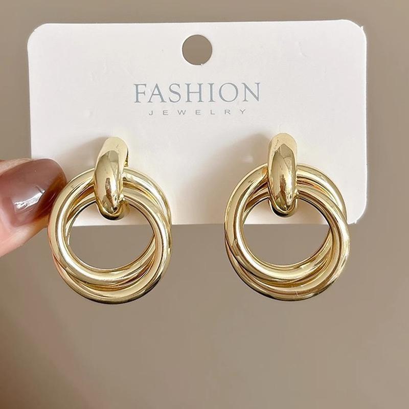 Double Layer Round Circle Dangle Earrings for Women Vintage Simple European Golden Metal Drop Earrings Geometry Zircon Gift