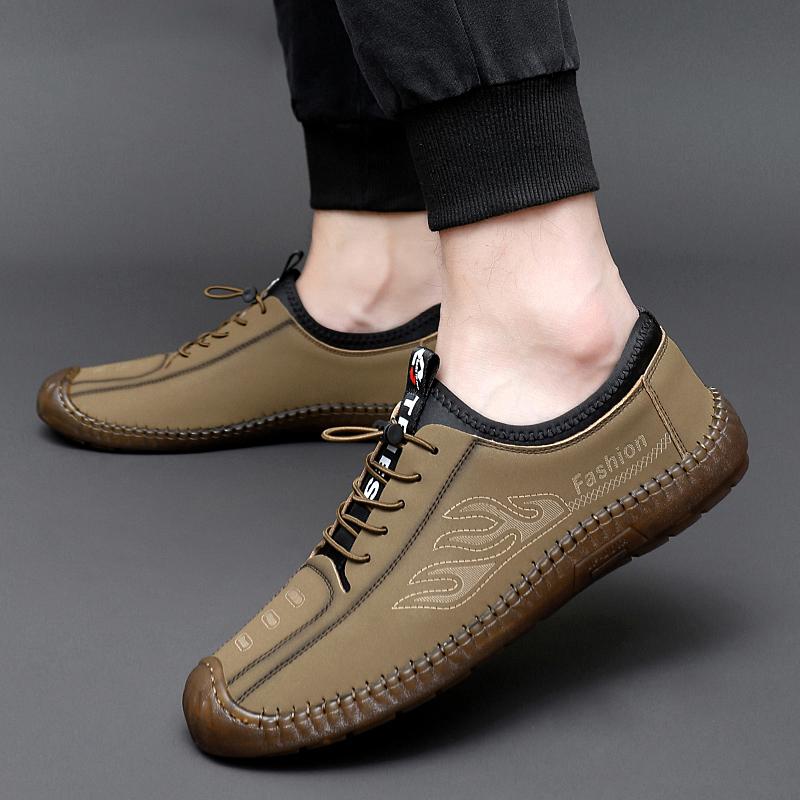 Fashion Outdoor Loafers Men's Slip-on Elastic Leather Shoes High-quality Thick-soled Casual Shoes British Style Driving Shoes Men Shoes