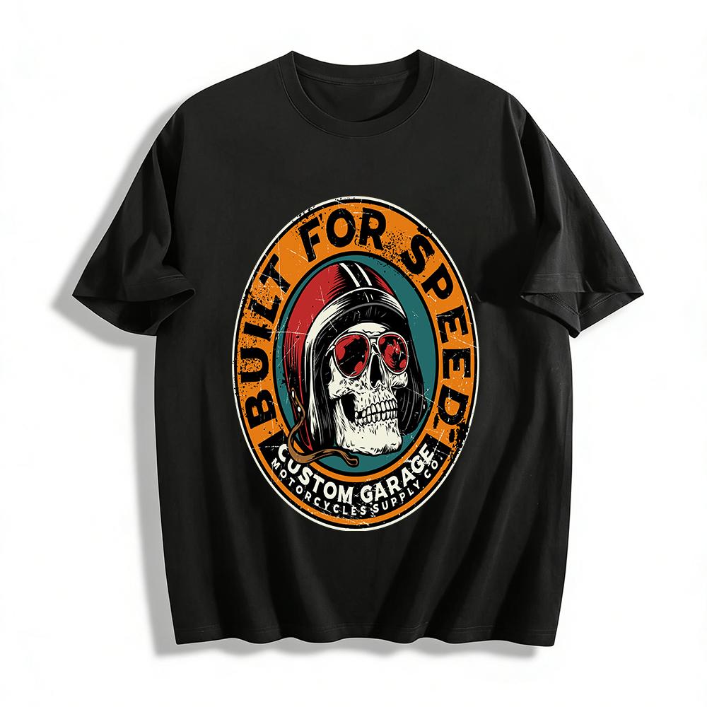 Built For Speed Vintage Skull Biker Graphic Tee Custom Garage Top Pure cotton T-shirt XXS