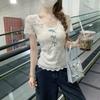 Lace bow front shoulder short-sleeved t-shirt women's summer slim-fitting short two-piece top design sense niche
