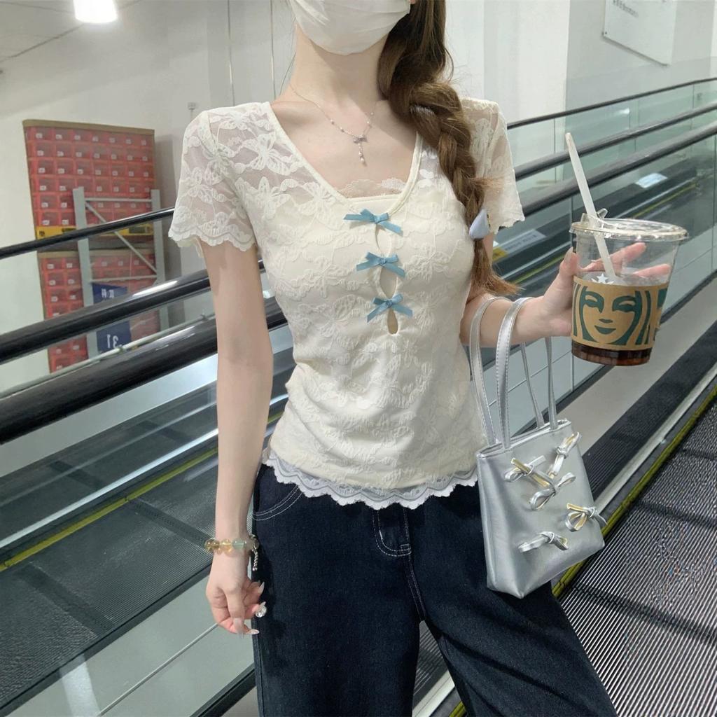 Lace bow front shoulder short-sleeved t-shirt women's summer slim-fitting short two-piece top design sense niche