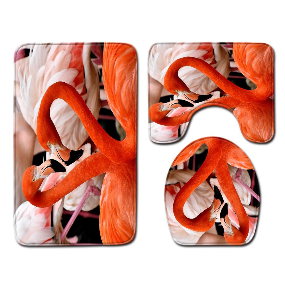 European And American Style Pink Cute Animal Flamingo Floor Mat Carpet Girl Heart Hand-Painted Illustration Toilet Three-Piece Set