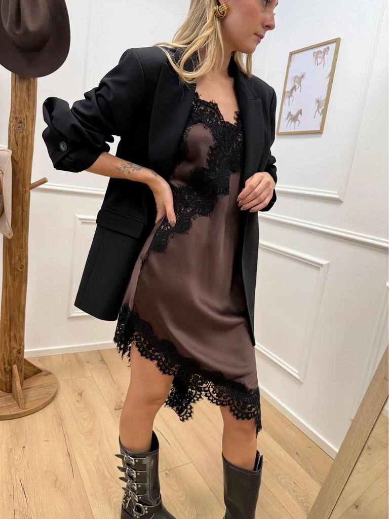 2025 Autumn Sexy Women's Mid-Length Satin Lace Camisole Dress with Irregular Slit, European & American Style