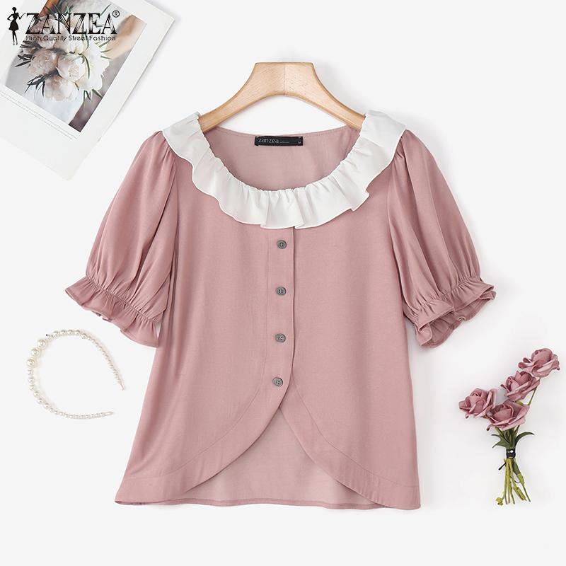 

ZANZEA Элегантная женская блузка пэчворк с круглым вырезом, рукавами-буфами, оборками и разрезами, повседневная, свободного кроя 5XL камео розовый