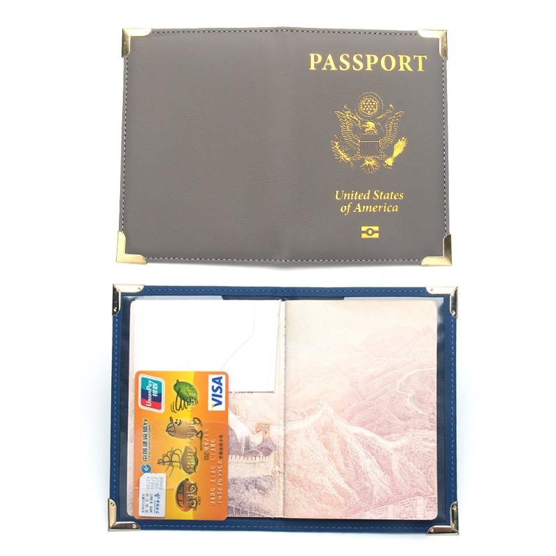 New US Passport Holder Leather Thin Passport Covers Golden Copper Corner Id Card Holder Plane Ticket Holder Travel Accessories