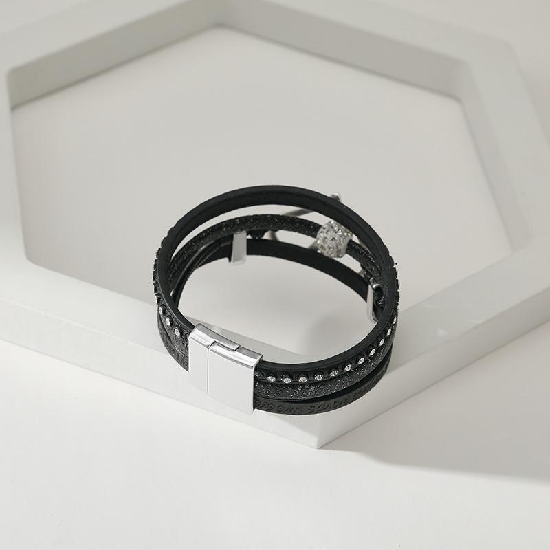 Vintage Multi-layer Leather Bracelet Womens Hollowed Out Heart-shaped Crystal Studded Magnetic Buckle Bangle Party Jewelry
