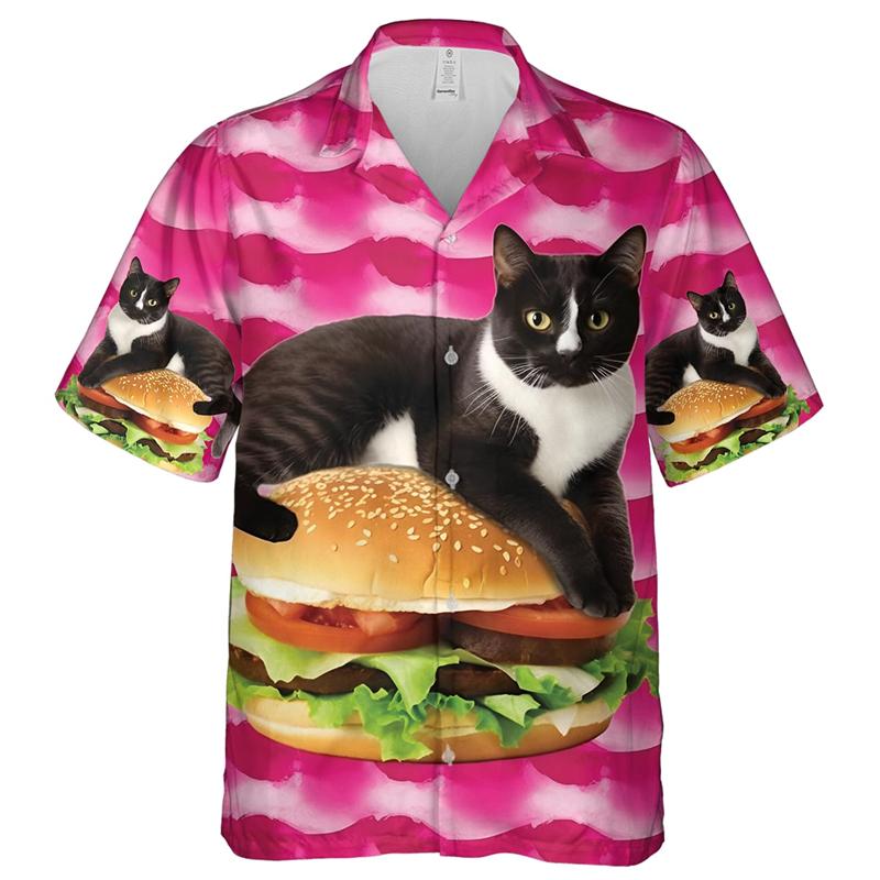 Camisas de Hombre con Estampado 3D de Gato Divertido Animal Ropa Hawaiana de Moda Camisa Manga Corta Blusas Casuales Abotonadura Sencilla Tops de Hombre con Gatos