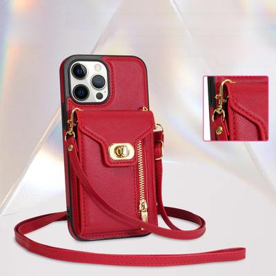 Handyhülle für Apple 15 14 13 ProMax mit seitlichem Reißverschluss, Akkordeon, diagonalem Trageband, Kartenfach.