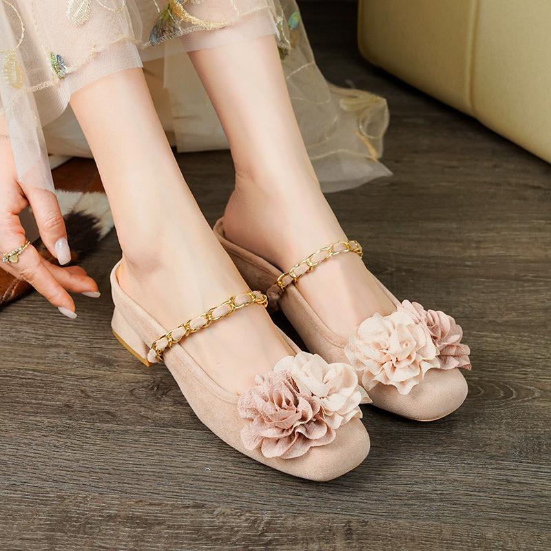 New Bag Head Word with Flower Bag Head Sandals Women's Summer Outer Wear Temperament Thick Heel Cool Slippers