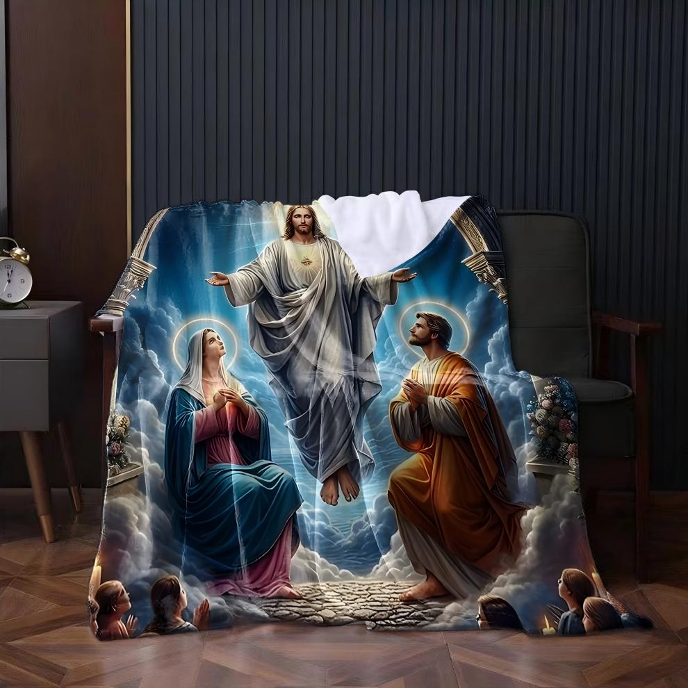 1PC Jesus Portrait Blessing Throw Inspirational Gifts and Prayers Religious Blanket Soft Cozy Warm Blankets for Women Men Gift