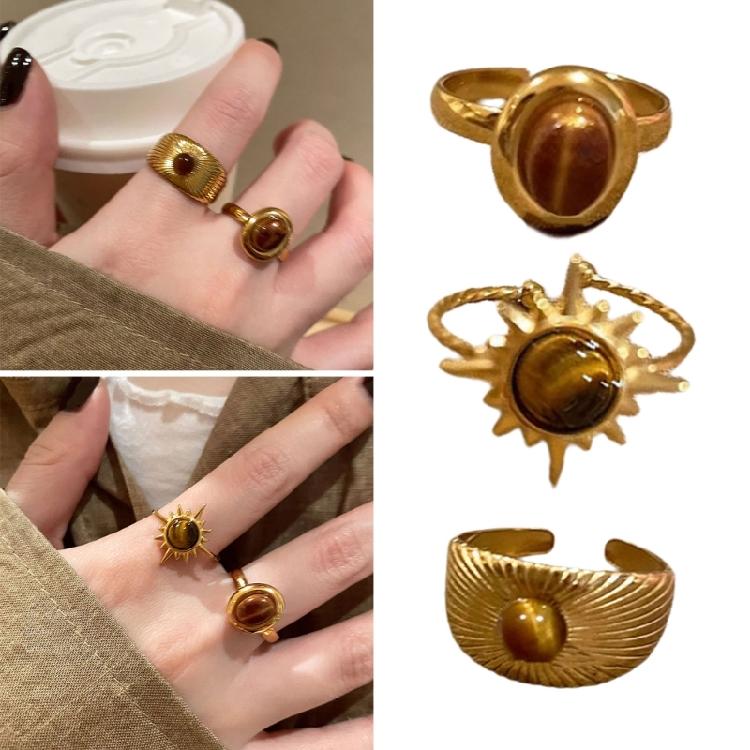 Geometric Tigers Eye Stone Ring Adjustable Size Irregular Gold Color Finger Ring Unique Gemstones Statement Jewelry
