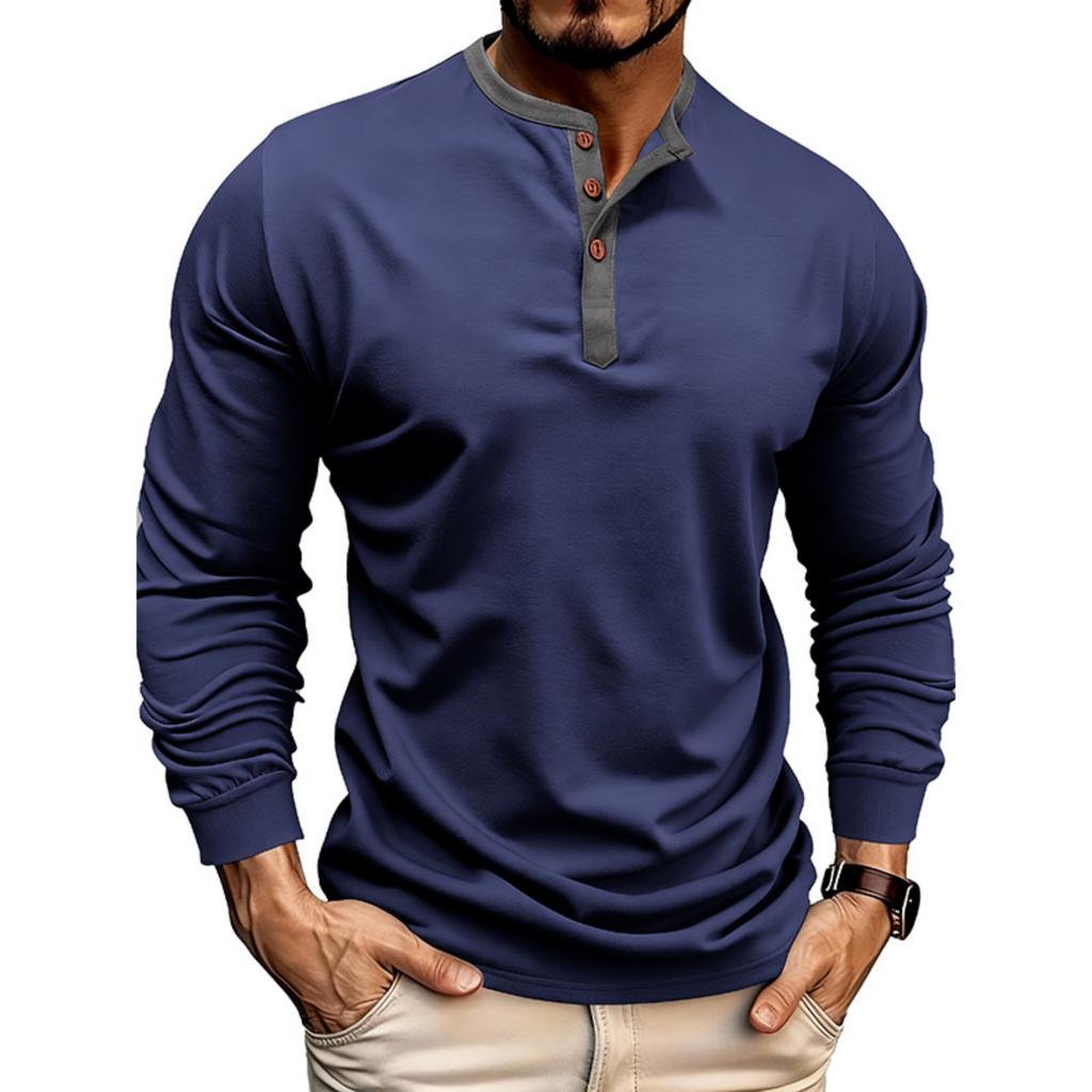 Men's Loose, Casual, Color,blocked Round,neck Long,sleeved Cotton Top