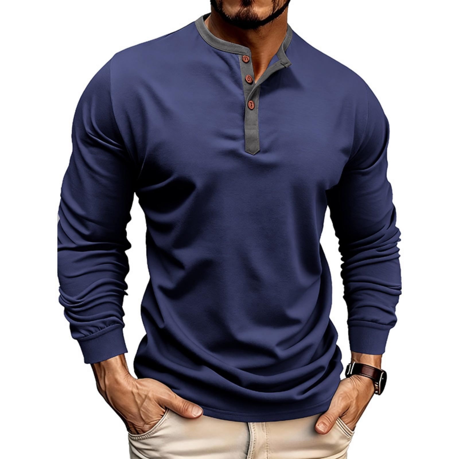 

Men s Loose, Casual, Color,blocked Round,neck Long,sleeved Cotton Top XXL