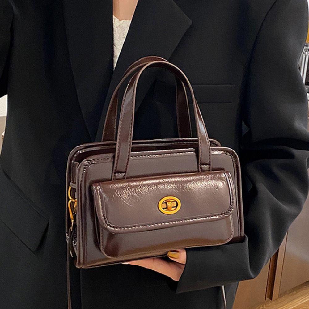 Solid Color Pocket Boston Tote Bag Handbag Underarm Bag Temperament PU Bowling Bag  Women
