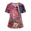 Women V Neck Short Sleeve Work Top with Pocket and Split Hem Star Print Comfortable Uniform Shirt