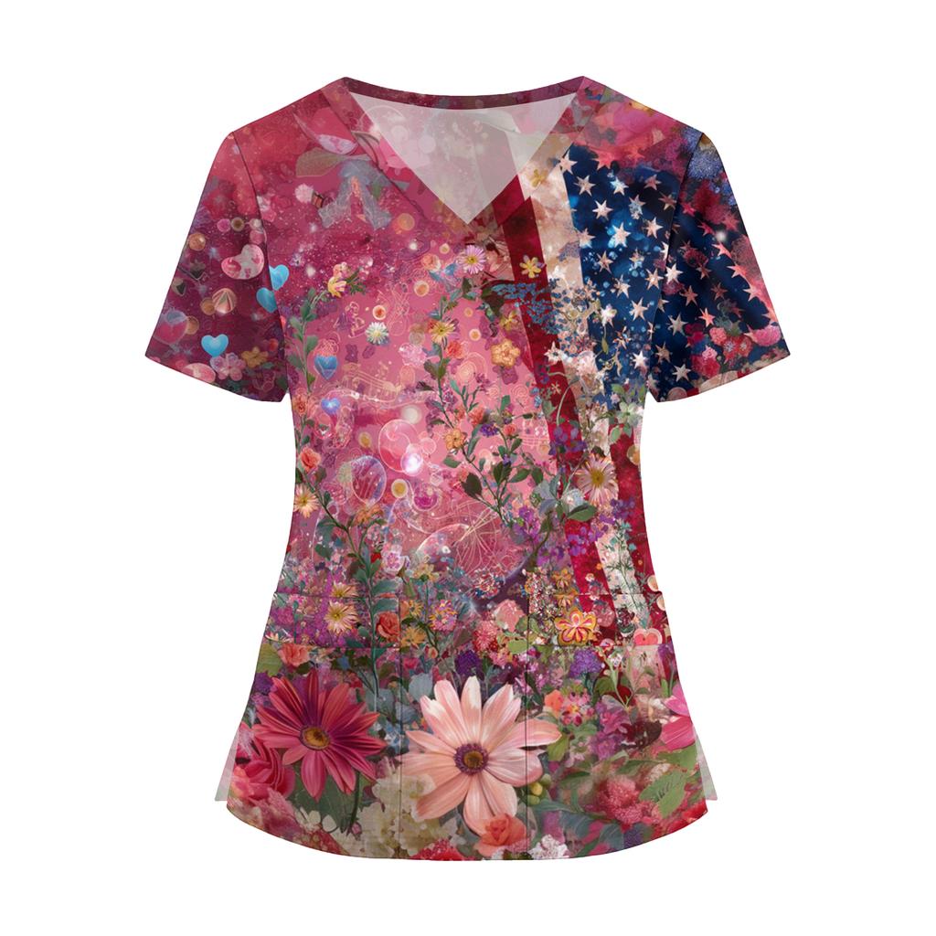 Women V Neck Short Sleeve Work Top with Pocket and Split Hem Star Print Comfortable Uniform Shirt