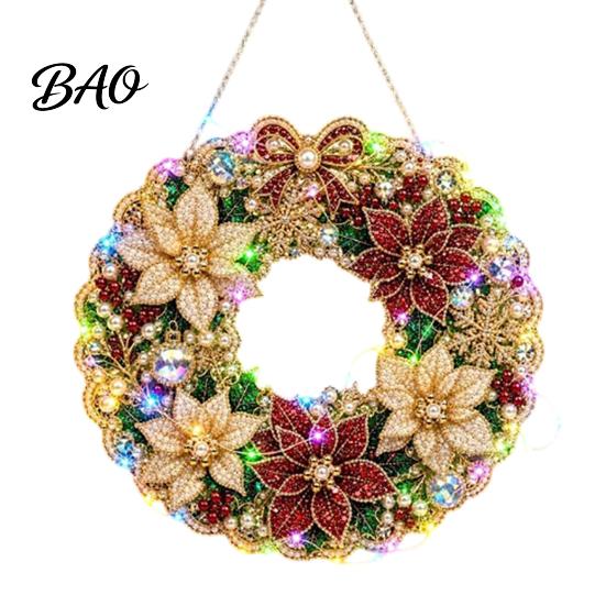 Festive Door Hanging Ornament DIY Acrylic Christmas Faux Pearl Art Kit, Lighted Wreath 3D Beaded Craft Mantelpiece Kit with LED String Light, Beginner