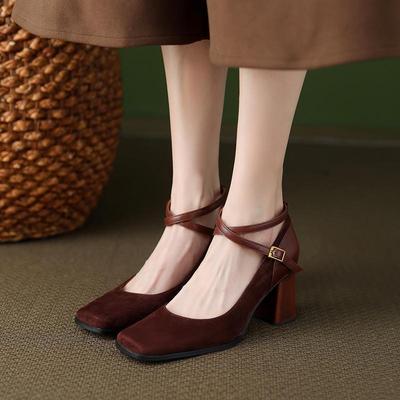 2025 New Thick Heel Mary Jane Women's Shoes French New Celebrity Style High Heels Cross Strap Light Mouth Single Shoes