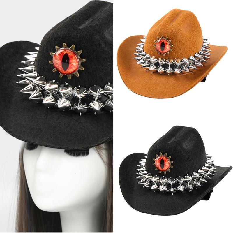 Handmade Retros Hat Rivets Embellished Felted Denims Hat Durability Hat for Outdoor Activity and Festivals