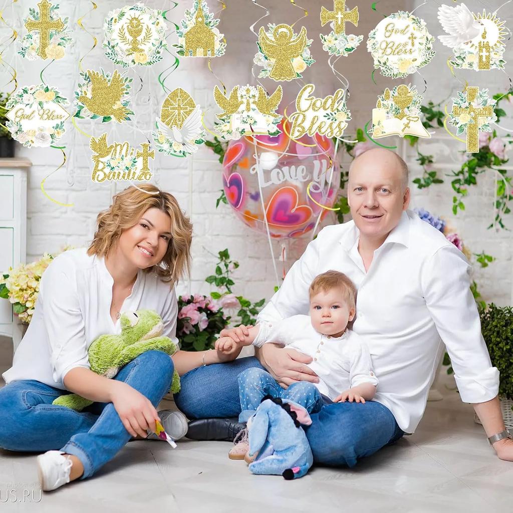 36 Pcs Gold Floral Cross Hanging Swirls Decorations Set, First Holy Communion Ceremony Religious Party Swirls Streamers Supplies Ceiling Decor for