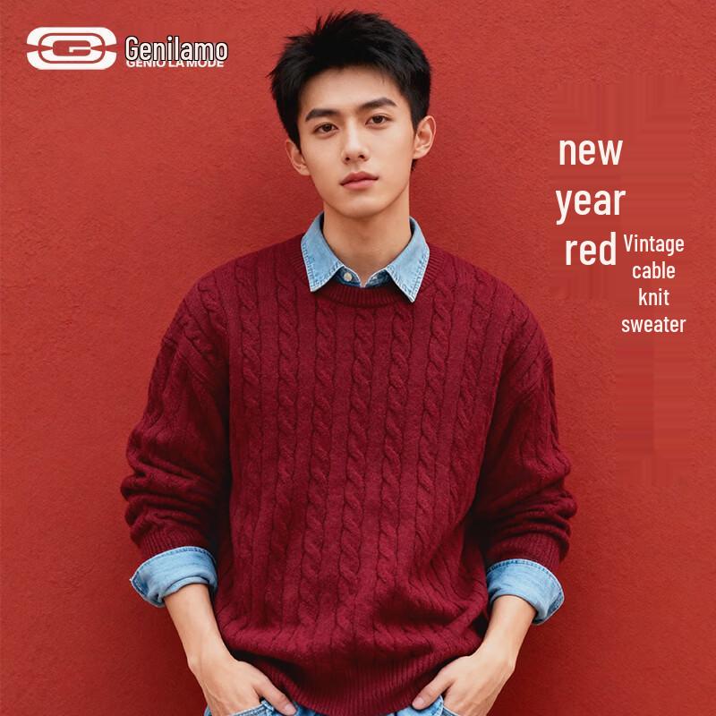 

GENIOLAMODE Men s Festive Red Cable Knit Winter Sweater M