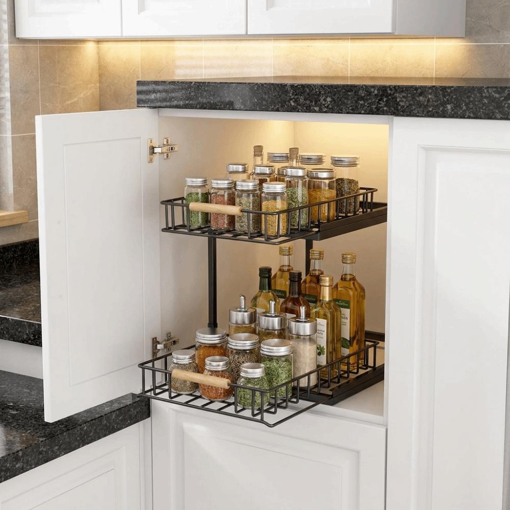 Large Capacity 2-Tier Under Sink Organizer Carbon Steel Slide Out Cabinet Storage Shelf  Bathroom