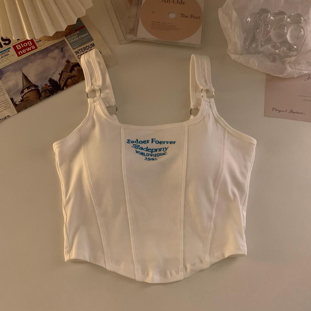 

Дизайнерские трикотажные короткие майки с вышивкой букв и подкладкой для бюстгальтера, сексуальные топы в тонкую полоску Y2K, топ на бретелях с железным кольцом one size белый