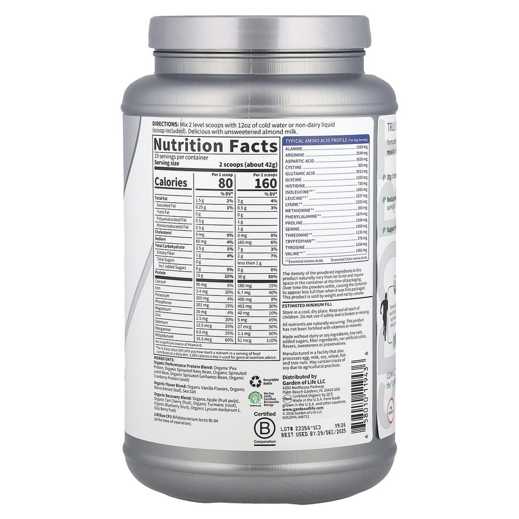 Sport, Organic Vegetable Protein, Vanilla, 806G (1Lb, 12Oz)