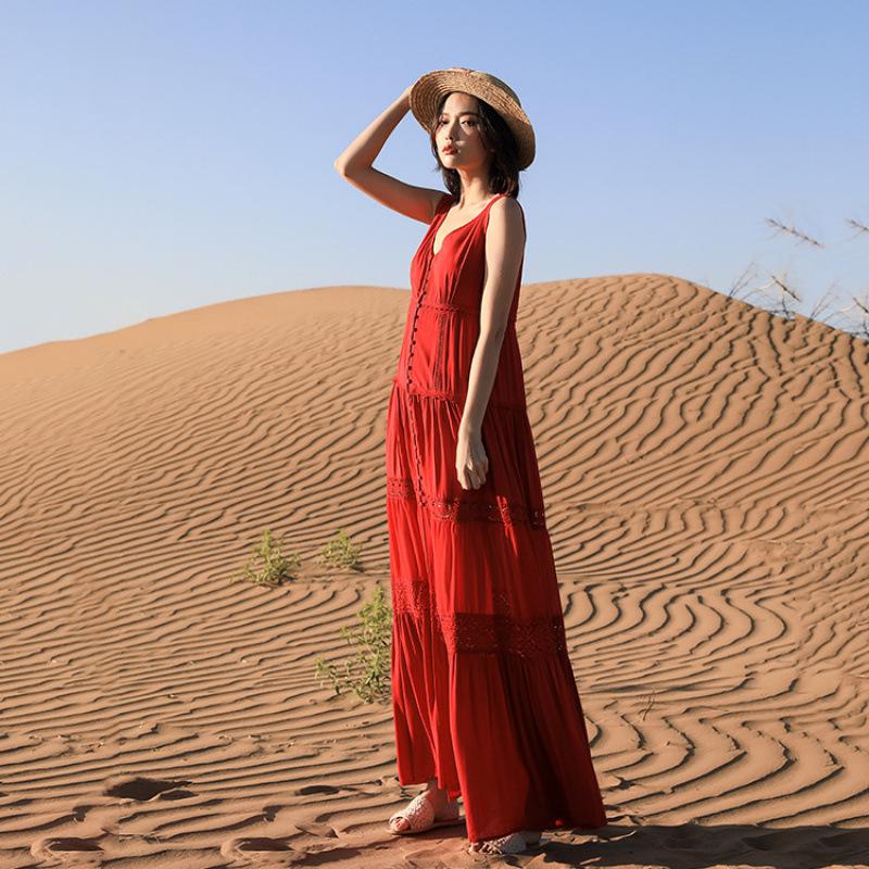 Women's V-Neck Red Dress for Travel and Vacation: Beach, Desert, and Grassland Style (F2105)