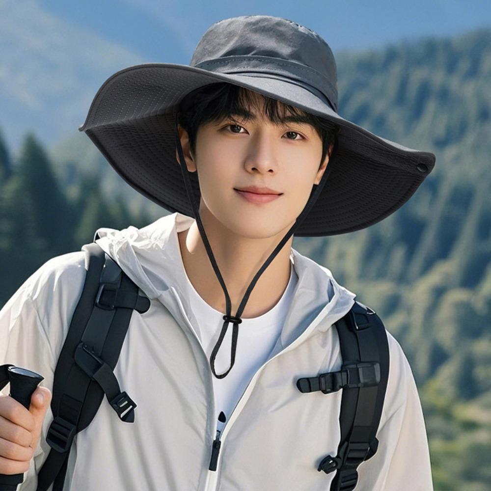 UV Protection Drawstring Sun Hat Big Brim Men Bucket Cap Hiking Fisherman Hat Mountaineering