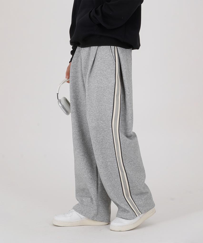 Opeumeideu [Fleece Lined] Side Pintuck Track Line Elastic Waist Sweatpants Wide Training Pants_Gray