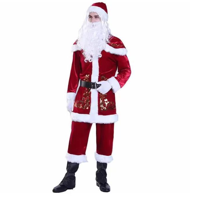 Ny Röd Deluxe Sammet Maskeradfest Man Scenkostym Jul Tomtedräkt Vuxen Överstorlek Jul Cosplay-kostym