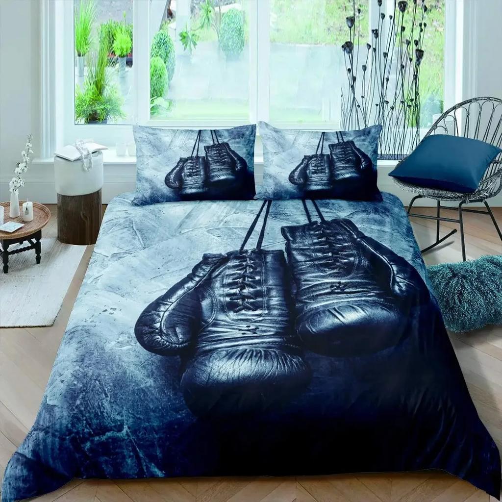 Adult Boxing Duvet Cover Set Queen,Sports Games Theme Bedding Sets Boxing Gloves Quilt Cover,Athlete Silhouette Comforter Cover