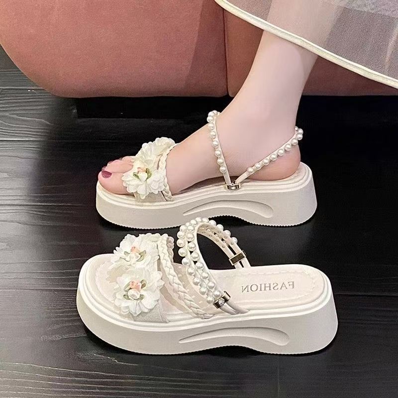 thick-soled two-wearing sandals women's new summer fashion flower with skirt fairy style pearl casual shoes