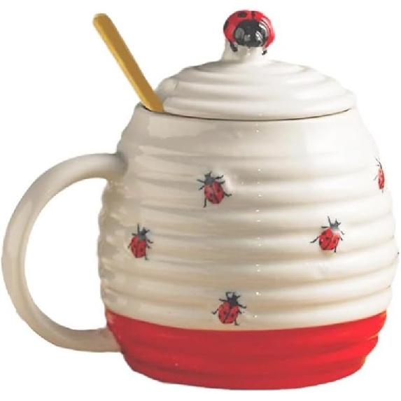 123Arts Ceramic Mug, Ladybug Coffee Mug with Spoon and Lid, Stripe Relief Cup, Water Cup