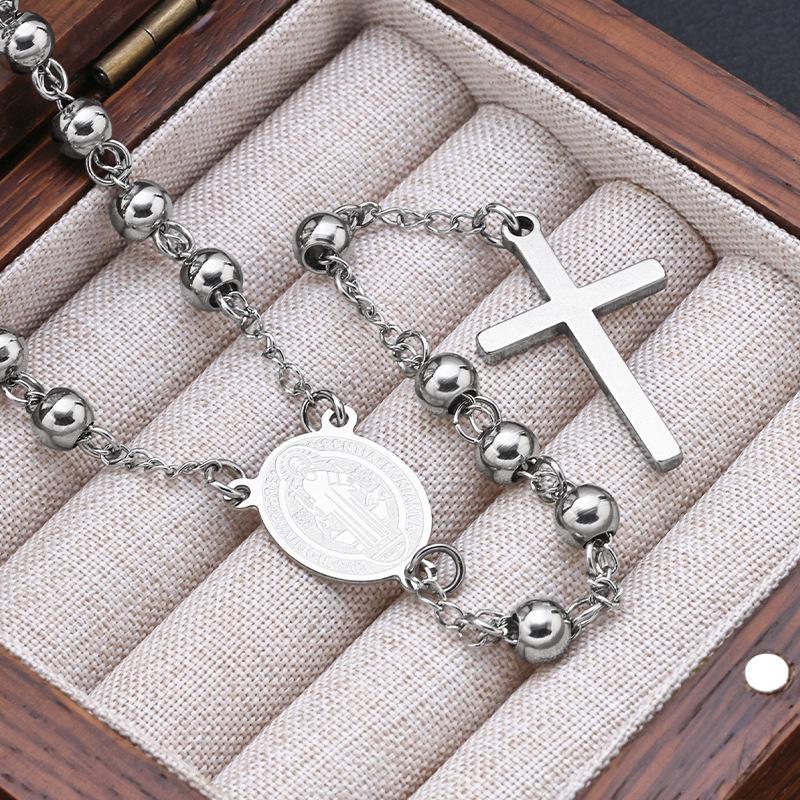 Stainless Steel Cross Rosary Necklace with Virgin Mary Pendant
