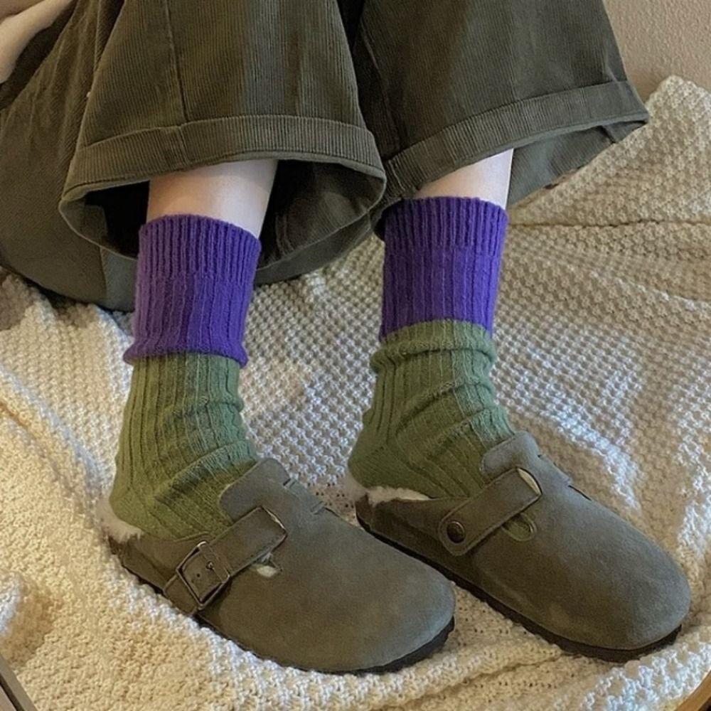 Retro Mid-Calf Wool Socks Colour Blocking Mid Tube Socks Fashion Winter Warm Socks Autumn Winter