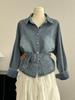 Women's Retro Denim Jacket: Lace-Up Waist, Collar, Long Sleeves, Short Loose Fit, Spring Style.