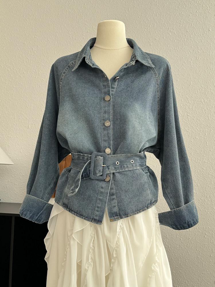 Women's Retro Denim Jacket: Lace-Up Waist, Collar, Long Sleeves, Short Loose Fit, Spring Style.
