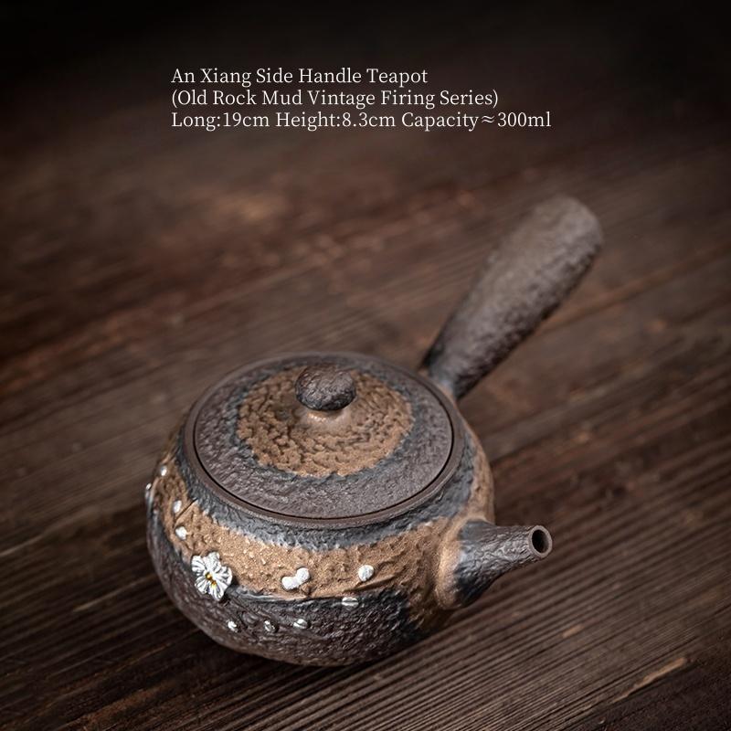300ml Gilded Silver Plum Blossom Side Handle Teapot Ancient Fired Pottery Old Rock Mud Teapot Handmade Gilded Iron Glazed Teapot